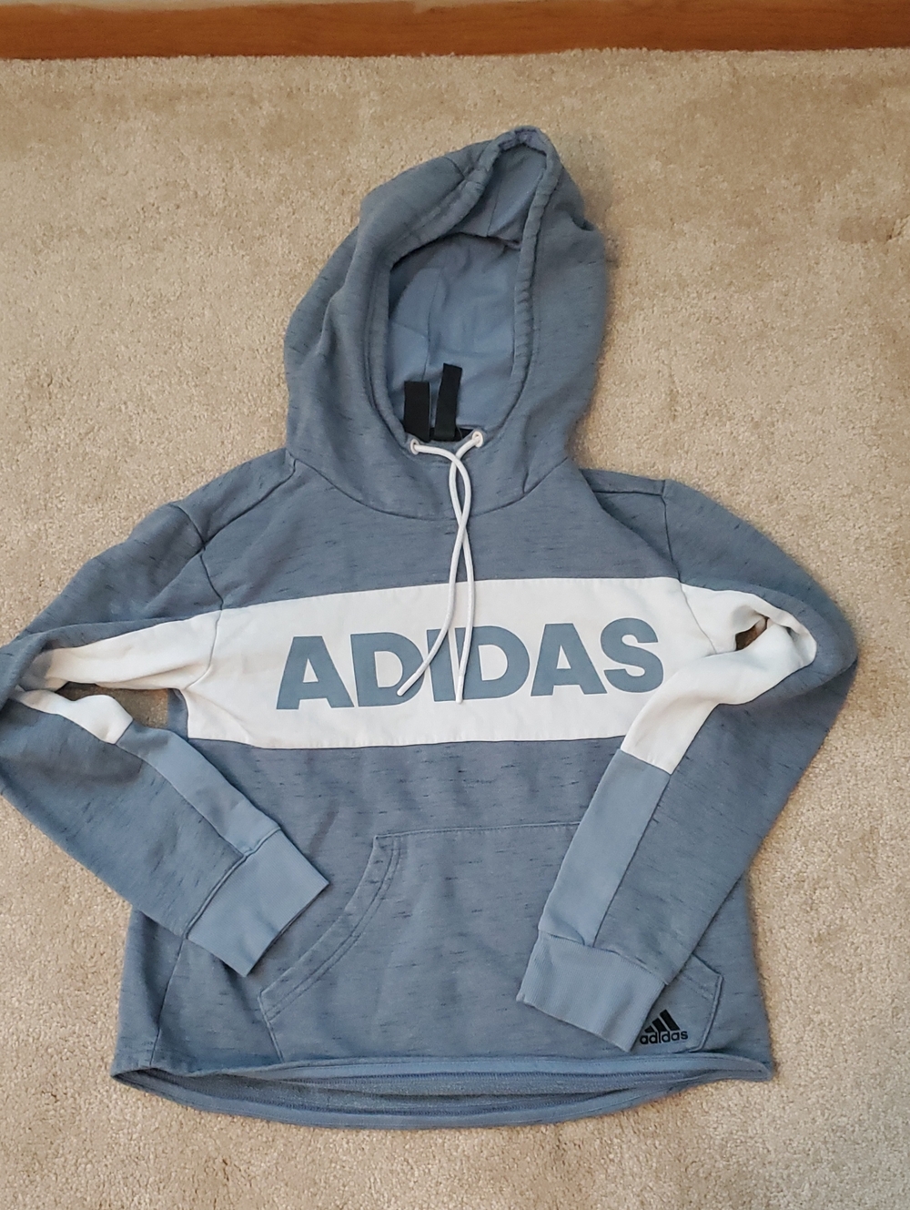 adidas Blue Hoodie with White Chest Panel and Logo Womens Xs